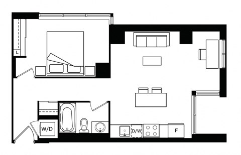 Floor plan for 1 bed, 1 bath, 557 sqft